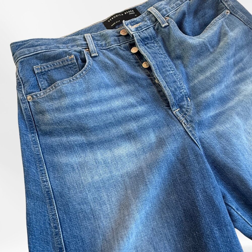 Veronica Beard Wide Leg Jeans 31 Lakeshore Wash Raw Hem Button Fly USA Made - Picture 3 of 10